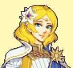  blonde_hair blue_eyes braid circlet commission commissioner_upload fire_emblem fire_emblem_warriors flower game_boy_advance hair_flower hair_ornament hairpin handheld_game_console lianna_(fire_emblem) lowres pixel_art princess sash short_hair sunflower sunflower_hair_ornament tiara x0_000 