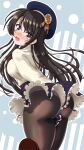  1girl ass beret black_pantyhose blue_eyes blue_hat blue_skirt breasts brown_footwear brown_hair frilled_skirt frills hat highres hololive large_breasts long_hair looking_at_viewer misril oozora_subaru oozora_subaru_(casual) open_mouth pantyhose shirt shoes skirt solo tears virtual_youtuber white_shirt 