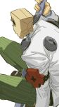  1boy amatuki arm_up armband bag bag_on_head coat commentary_request faust_(guilty_gear) green_pants guilty_gear guilty_gear_xrd highres holding holding_weapon layered_sleeves long_sleeves male_focus object_on_head pants paper_bag screw simple_background solo weapon white_background white_coat 