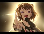  1girl :d aya_shachou backlighting bang_dream! black_shirt brown_hair commentary_request holding holding_plectrum letterboxed long_sleeves looking_at_viewer medium_hair microphone microphone_stand open_mouth plectrum purple_eyes reaching_out shirt smile solo spotlight sweat toyama_kasumi 