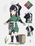  1girl :o arm_guards bangs bike_shorts black_eyes black_hair black_shorts blush color_guide commentary english_commentary eyebrows_visible_through_hair green_kimono grey_background hair_bun highres japanese_clothes kimono kuro_kosyou multiple_views original parted_lips ponytail profile prototype shikigami short_eyebrows short_shorts short_sleeves shorts sidelocks standing tasuki thick_eyebrows 