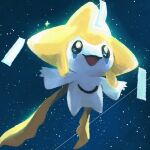  :d commentary go-lurk happy jirachi night no_humans open_mouth outdoors outstretched_arms pokemon pokemon_(creature) sky smile solo star_(sky) 