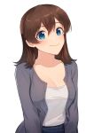  1girl bangs blue_eyes breasts brown_hair cardigan cleavage closed_mouth collarbone commentary eyebrows_visible_through_hair grey_sweater hair_between_eyes hair_down idolmaster idolmaster_million_live! idolmaster_million_live!_theater_days kamille_(vcx68) large_breasts long_sleeves looking_at_viewer medium_hair open_cardigan open_clothes satake_minako shirt simple_background smile solo sweater upper_body white_background white_shirt 