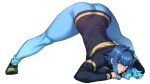  1girl blue_hair breasts clenched_teeth commentary_request full_body green_eyes hands_on_ground highres jack-o&#039;_challenge large_breasts meme original ponytail sidelocks solo spacezin sweatdrop teeth thick_thighs thighs top-down_bottom-up wide_spread_legs zoe_(spacezin) 