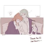  5girls arm_hug bang_dream! brown_hair closed_eyes closed_mouth commentary_request couch cuddling cup cushion disposable_coffee_cup disposable_cup green_hair head_on_another's_shoulder heart highres hikawa_sayo holding holding_cup imai_lisa long_hair looking_at_another minato_yukina multiple_girls on_couch one_eye_closed one_side_up pajamas roselia_(bang_dream!) rourinell shared_blanket shirokane_rinko shirt smile twitter_username udagawa_ako yuri 