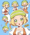  1girl :d beret bianca_(pokemon) blonde_hair blue_background blush closed_eyes commentary_request crying dress eyelashes flats green_eyes green_headwear hat heart highres multiple_views open_mouth orange_legwear orange_vest outline pantyhose pokemon pokemon_(game) pokemon_bw rpp_pic short_hair short_sleeves simple_background smile tongue vest white_dress 