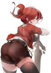  1girl absurdres ass blush boots breasts brown_footwear brown_shorts closed_mouth highres holding holding_sword holding_weapon honkai_(series) honkai_impact_3rd jacket liuli_yuanxiaoniao looking_at_viewer looking_back murata_himeko murata_himeko_(battle_storm) red_hair red_jacket shorts sideboob simple_background sleeves_rolled_up solo sword thigh_boots thighhighs weapon white_background yellow_eyes 