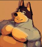 anthro armpit_hair artxtcy australian_cattle_dog bandit_heeler black_body black_fur blue_body blue_fur bluey_(series) body_hair bust_portrait canid canine canis cattledog chest_hair domestic_dog fur herding_dog hi_res male mammal muscular muscular_male nipples pastoral_dog pecs portrait shirtless smile solo yellow_body yellow_fur