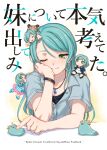  2girls aqua_hair aya_shachou bang_dream! blush bracelet chibi chibi_on_head chibi_on_shoulder climbing closed_mouth commentary_request cover cover_page doujin_cover green_eyes grey_shirt hand_up hikawa_hina hikawa_sayo jewelry long_hair medium_hair minigirl multiple_girls multiple_persona necklace on_head one_eye_closed shirt siblings sisters slime_(creature) smile solo_focus 