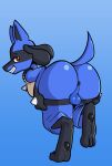anthro anus balls big_butt blue_body butt canid canine canis clothing digitigrade femboy fours_(artist) generation_4_pokemon genitals hi_res jackal looking_back lowering_pants lucario male mammal nintendo pawpads pokemon pokemon_(species) presenting presenting_hindquarters red_eyes smile solo undressing