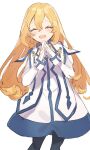  1girl black_legwear blonde_hair closed_eyes colette_brunel dress gloves jewelry kanyoko_(yuzukano_17) long_hair open_mouth pantyhose simple_background smile solo tales_of_(series) tales_of_symphonia white_background white_gloves 