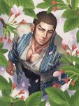  1boy ainu_clothes bara beard black_hair buzz_cut chest_hair facial_hair flower flower_request from_above golden_kamuy japanese_clothes kimono large_pectorals long_sideburns male_focus mature_male muscular muscular_male nopinzo open_clothes open_kimono pants pectoral_cleavage pectorals petals scar scar_on_cheek scar_on_face short_hair sideburns smile solo tanigaki_genjirou thick_eyebrows very_short_hair walking white_flower 