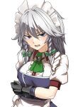  1girl absurdres apron ascot bangs black_gloves blue_eyes blush bow braid breast_hold breasts center_frills collared_shirt commentary_request cropped_torso frills gloves green_ascot green_bow hair_between_eyes hair_bow hair_ribbon highres izayoi_sakuya kikoka_(mizuumi) large_breasts looking_at_viewer maid maid_apron maid_headdress medium_hair open_mouth puffy_short_sleeves puffy_sleeves ribbon shirt short_sleeves silver_hair simple_background solo teeth touhou tress_ribbon twin_braids upper_body upper_teeth white_background 