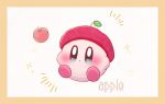  apple blue_eyes border english_text food food-themed_ornament fruit full_body kirby kirby_(series) no_humans piyoko_(wadopipi) red_apple red_headwear simple_background solo star_(symbol) white_background yellow_border 