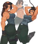  abs absurdres arms_up ass biceps boots breasts brown_hair clothes_lift clothes_pull fingerless_gloves gabriel_ales gloves highres huge_ass lara_croft large_breasts muscular muscular_female no_bra pants pants_pull pouch shirt_lift thigh_pouch tomb_raider underboob 