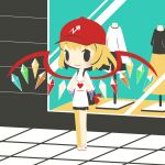  1girl :&gt; alternate_costume baseball_cap black_shorts blonde_hair blush chibi closed_mouth cobalta commentary_request flandre_scarlet hat looking_at_viewer mannequin red_headwear shirt short_hair shorts smile solo t-shirt touhou white_shirt window 