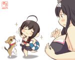  2girls :3 ahoge artist_logo bikini black_bikini black_hair breasts brown_hair closed_eyes closed_mouth dated dog hair_ornament highres innertube kanon_(kurogane_knights) kantai_collection large_breasts multiple_girls one-hour_drawing_challenge open_mouth puppy red_eyes shigure_(kancolle) simple_background smile swimsuit white_background yamashiro_(kancolle) younger 