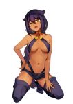  1girl :d bangs black_hair boots braid breasts commentary_request dark-skinned_female dark_skin fangs full_body hair_between_eyes hair_flaps halterneck hand_on_hip hand_on_own_thigh head_tilt jahy jahy-sama_wa_kujikenai! kneeling konbu_wakame long_hair looking_at_viewer medium_breasts navel o-ring o-ring_top official_art open_mouth revision short_shorts shorts simple_background smile solo thigh_boots thighhighs very_long_hair white_background yellow_eyes 