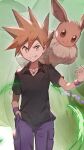  1boy bangs blue_oak brown_hair collared_shirt commentary eevee grin hair_between_eyes hand_in_pocket hand_up highres jewelry male_focus necklace odd_(hin_yari) on_shoulder orange_eyes pants pokemon pokemon_(creature) pokemon_(game) pokemon_frlg pokemon_on_shoulder purple_pants shirt short_hair short_sleeves smile spiked_hair teeth wristband 