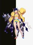  1girl asymmetrical_footwear bangs blue_eyes blunt_bangs collarbone commentary elesa_(pokemon) fur_jacket hand_up headphones highres jacket knees looking_at_viewer multicolored_hair open_clothes open_jacket open_mouth pokemon pokemon_(creature) pokemon_(game) pokemon_bw2 rpp_pic shiny shiny_skin short_hair_with_long_locks sidelocks standing streaked_hair teeth upper_teeth yellow_jacket zebstrika 