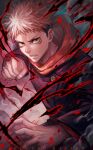  1boy aura black_jacket brown_eyes clenched_hand facial_mark fighting_stance highres hood hood_down hoodie itadori_yuuji jacket jujutsu_kaisen long_sleeves looking_at_viewer male_focus pink_hair red_hoodie short_hair solo standing tamausagi_m twitter_username undercut 