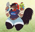 2018 anteater anthro arm_tuft blue_bottomwear blue_clothing blue_pants bottomwear brown_body brown_fur brown_hair cheek_tuft closed_smile clothed clothing dated elbow_tuft eyes_closed eyewear facial_tuft female fluffy fluffy_tail front_view fur glasses hair holding_object holding_shovel holding_tool kneeling mammal mouth_closed nasa pants pilosan purple_clothing purple_topwear round_glasses shovel signature slightly_chubby slightly_chubby_anthro slightly_chubby_female smile solo tail tiggybloom tools topwear tuft xenarthran