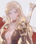  1girl armor blonde_hair blood blood_on_clothes blood_on_face braid breasts center_opening cleavage closed_mouth commentary cross drag-on_dragoon drag-on_dragoon_3 facial_mark five_(drag-on_dragoon) forehead_mark hair_ornament highres long_hair miichinori roman_numeral shoulder_armor solo x_hair_ornament yellow_eyes 