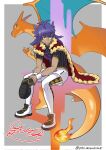  1boy bangs baseball_cap black_headwear cape champion_uniform charizard closed_mouth commentary_request dark-skinned_male dark_skin facial_hair fire flame fur-trimmed_cape fur_trim hat highres holding holding_clothes holding_hat leggings leon_(pokemon) long_hair male_focus misaki_yuuki pokemon pokemon_(creature) pokemon_(game) pokemon_swsh purple_hair red_cape shield_print shirt shoes short_shorts short_sleeves shorts signature sitting smile split_mouth sword_print tail-tip_fire twitter_username white_legwear white_shorts white_wristband wristband yellow_eyes 