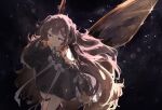  1girl absurdres anya_melfissa brown_hair commentary edwin62293123 highres hololive hololive_indonesia light_particles long_hair looking_at_viewer multicolored_hair night night_sky orange_hair purple_eyes sky smile solo space very_long_hair virtual_youtuber wings 
