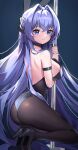  1girl animal_ears arm_strap armpit_crease ass azur_lane back bare_shoulders black_choker black_footwear black_leotard blue_eyes breasts brown_legwear choker commentary_request fake_animal_ears from_side hair_intakes high_heels highleg highleg_leotard highres hyoin large_breasts leotard long_hair looking_at_viewer looking_to_the_side new_jersey_(azur_lane) new_jersey_(exhilarating_steps!)_(azur_lane) official_alternate_costume pantyhose playboy_bunny pole pole_dancing purple_hair rabbit_ears smile solo squatting strapless strapless_leotard very_long_hair 