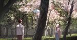  1boy 1girl absurdres cherry_blossoms dappled_sunlight flower highres muon_(oto) nature original outdoors park scenery sunlight tree 