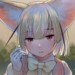  1girl animal_ear_fluff animal_ears bangs blonde_hair bow bowtie close-up commentary extra_ears eye_focus eyebrows_visible_through_hair face fennec_(kemono_friends) fox_ears fur_trim gloves hair_between_eyes kemono_friends light_brown_eyes looking_at_viewer pink_vest portrait short_hair smile solo vest welt_(kinsei_koutenkyoku) white_gloves yellow_bow yellow_bowtie 
