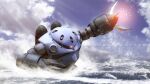  3d aiming beam_cannon claws cloud english_text glowing glowing_eye gundam highres machinery mecha mecha_focus missile_pod mobile_suit mobile_suit_gundam no_humans realistic robot s.hasegawa science_fiction swimming wet z&#039;gok zeon 