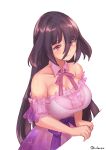  1girl artist_name bangs black_hair breasts buttons chamame cleavage closed_mouth clothing_cutout collar detached_collar dress eyebrows_visible_through_hair frilled_dress frills hair_between_eyes highres jewelry large_breasts light_blush light_smile long_hair looking_at_viewer necklace pink_dress pink_neckwear red_eyes ribbon see-through_sleeves shiny shiny_hair shiny_skin shoulder_cutout sidelocks simple_background solo sparkle very_long_hair white_background yamada_tae zombie_land_saga 