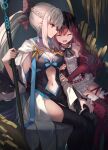  2girls arm_hug blue_eyes boots breasts cleavage closed_eyes dress drill_hair fairy_knight_tristan_(fate) fangs fate/grand_order fate_(series) highres hopepe long_hair morgan_le_fay_(fate) mother_and_daughter multiple_girls navel pink_hair ponytail silver_hair sitting smile thigh_boots thighhighs 