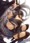  1girl bangs bare_shoulders black_dress black_legwear blush breasts cleavage detached_sleeves dress granblue_fantasy grey_hair hat high_heels highres large_breasts long_hair looking_at_viewer magisa_(granblue_fantasy) purple_eyes smile solo staff thighhighs thighs very_long_hair witch_hat yude 