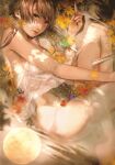  1girl autumn_leaves bakemonogatari bare_legs bare_shoulders bottomless boxcutter brown_hair crab full_body full_moon highres leaf lingerie long_hair looking_at_viewer lying maple_leaf monogatari_(series) moon moon_reflection negligee official_art on_side oogure_ito panties partially_submerged pencil protractor reflection reflective_water ruler scissors senjougahara_hitagi solo stapler stationery underwear water wet white_panties 