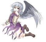  1girl angel_wings bangs beige_jacket boots bow bowtie breasts clip_studio_paint_(medium) commentary_request covering_mouth cross-laced_footwear dress eyebrows_visible_through_hair feathered_wings hair_between_eyes kishin_sagume long_sleeves looking_at_viewer purple_dress red_bow red_bowtie red_eyes short_hair simple_background single_wing small_breasts solo tarumaru thighs touhou white_background wings 