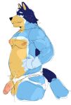 anthro artxtcy australian_cattle_dog balls bandit_heeler blue_body blue_fur bluey_(series) canid canine canis cattledog clothing domestic_dog fur genitals grin herding_dog humanoid_genitalia humanoid_penis jockstrap looking_at_viewer male mammal muscular muscular_male nipples pastoral_dog pecs penis simple_background sketch slightly_chubby smile solo underwear yellow_body yellow_fur