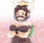  arm_hair armlet arms_under_breasts beard black_dress black_hair bowsette bracelet breasts brown_eyes chest_hair cleavage commentary crossed_arms dress earrings english_commentary facial_hair frown gradient gradient_background highres horns jack_black jewelry looking_at_viewer mario_(series) mustache new_super_mario_bros._u_deluxe pink_background real_life solo sparkle_background spiked_armlet spiked_bracelet spikes starteas strapless strapless_dress super_crown super_mario_bros._(2022_film) white_background 