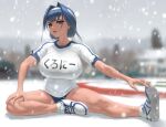  1girl blue_eyes blue_hair blue_shorts blurry breasts building character_name depth_of_field full_body headband hololive hololive_english huge_breasts infi legs ouro_kronii shirt shoes shorts sneakers snow snowing solo stretch t-shirt tree virtual_youtuber 