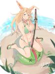  1girl absurdres animal_ear_fluff animal_ears artist_name bare_shoulders beach bikini blonde_hair blue_eyes breasts cat cleavage closed_mouth collarbone commentary dragalia_lost eleonora_(dragalia_lost) english_commentary flip-flops full_body green_bikini green_nails highres holding holding_sign holding_sword holding_weapon jewelry katana light_rays long_hair looking_at_viewer medium_breasts nail_polish navel necklace outdoors plant sand sandals shore sign sitting smile solo strap_pull sunbeam sunlight swimsuit sword thigh_strap toenail_polish toenails water weapon x_x yun_fuyu 