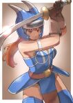  1girl absurdres armlet armor belt black_panties blue_armor blue_thighhighs breasts brown_eyes brown_gloves brown_hair daisy_(dq) dragon_quest dragon_quest_yuusha_abel_densetsu fake_horns gloves helmet highres holding holding_sword holding_weapon horned_helmet horns jewelry k_katora long_hair panties smile solo sword thighhighs underwear weapon 
