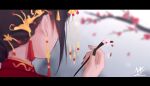  artist_name black-haired_demon_girl_(shimmer) black_hair blurry blurry_background branch flower from_behind hair_ornament hand_up highres holding letterboxed nail_polish original petals red_nails shimmer short_hair white_flower 