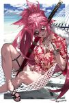  1girl alternate_costume baiken bangs beach breasts casual cloud cloudy_sky facial_mark fingernails gaak11977 guilty_gear hair_between_eyes hawaiian_shirt highres holding holding_weapon jewelry long_hair necklace ocean open_mouth pipe ponytail sand sandals scar scar_across_eye sharp_fingernails sheath sheathed shirt sitting sky solo summer sunglasses sword thigh_strap tongue tongue_out twitter_username weapon 