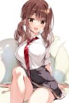  1girl blush breasts brown_eyes brown_hair commentary eyebrows_visible_through_hair large_breasts low_twintails necktie open_mouth original oryou panties pantyshot pleated_skirt shirt sitting skirt smile solo twintails underwear white_shirt 
