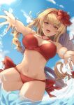  1girl athena_(granblue_fantasy) bangs bare_shoulders bikini blue_sky blush breasts cleavage collarbone day flower granblue_fantasy hibiscus highres large_breasts long_hair looking_at_viewer navel ocean open_mouth outstretched_arms red_bikini sky smile solo swimsuit thighs wading yude 