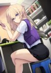  1girl black_shorts blonde_hair blue_eyes cellphone closed_mouth counter crossed_legs ddangbi elbow_rest head_rest highres holding holding_phone korean_commentary legs long_hair looking_at_phone original phone purple_vest shirt short_sleeves shorts sitting smartphone solo stool thighs torn_clothes torn_shorts vest white_shirt 
