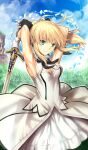  1girl ahoge armpits arms_behind_head artoria_pendragon_(fate) bare_arms black_bow blonde_hair bow breasts caliburn_(fate) cloud cloudy_sky commentary cowboy_shot day detached_collar dress eyes_visible_through_hair fate/grand_order fate_(series) gloves grass green_eyes hair_between_eyes hair_bow holding holding_sword holding_weapon long_sidelocks moromi official_art ponytail saber_lily short_dress sidelocks sky small_breasts smile solo strapless strapless_dress sword sword_behind_back third-party_source translucent_hair weapon white_dress white_gloves 