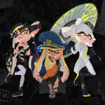  3girls absurdres agent_3_(splatoon) callie_(splatoon) food food_on_head hat highres inkling looking_at_viewer marie_(splatoon) multiple_girls object_on_head official_art oil-paper_umbrella pantyhose peaked_cap pointy_ears poncho sandals sitting smile splatoon_(series) splatoon_3 twintails umbrella 